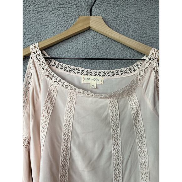 Luna Moon Top Medium Cold Shoulder Long Sleeve Crochet Pink Boho Beach Blouse - Picture 5 of 13